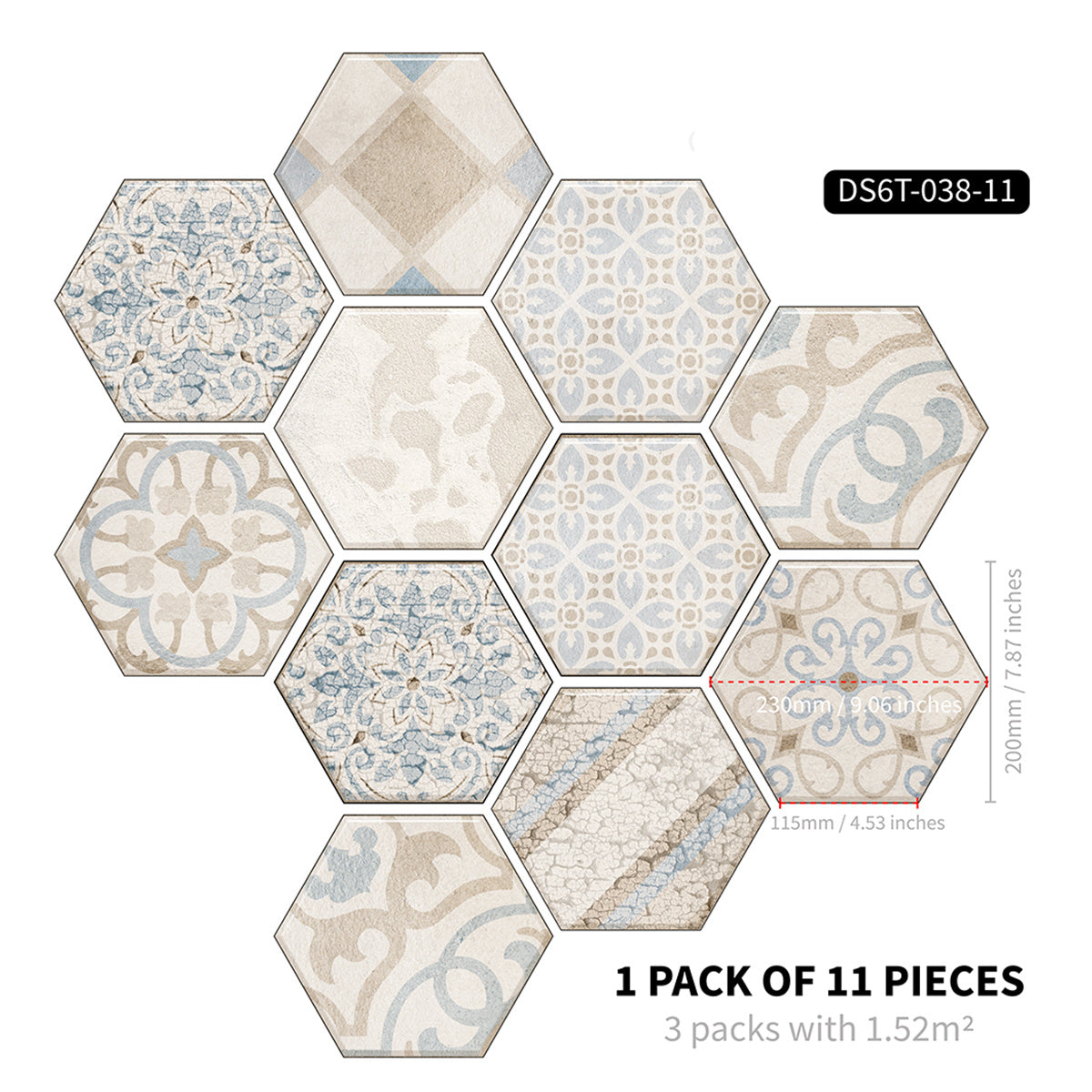 11pcs Bohemian Hexagon Floor Stickers Marble Pattern Waterproof Home Decor
