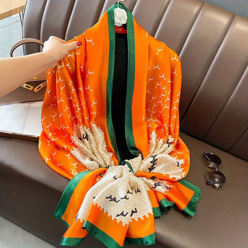 Geometric Print Block Scarf Satin Shawl Silk Head Wrap