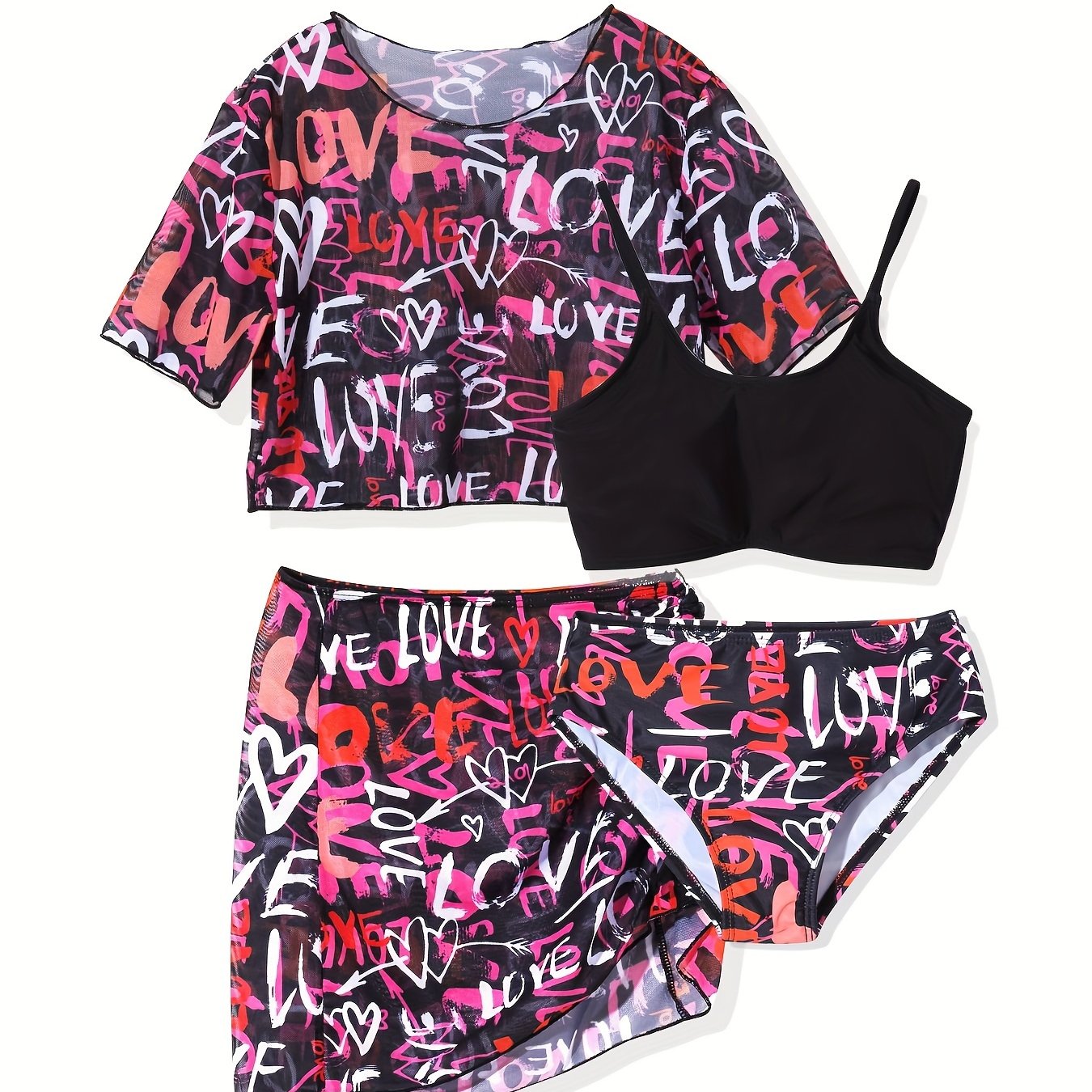 Girls Graffiti Print Swimsuit Set for Hawaii Vacation