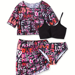 Girls Graffiti Print Swimsuit Set for Hawaii Vacation