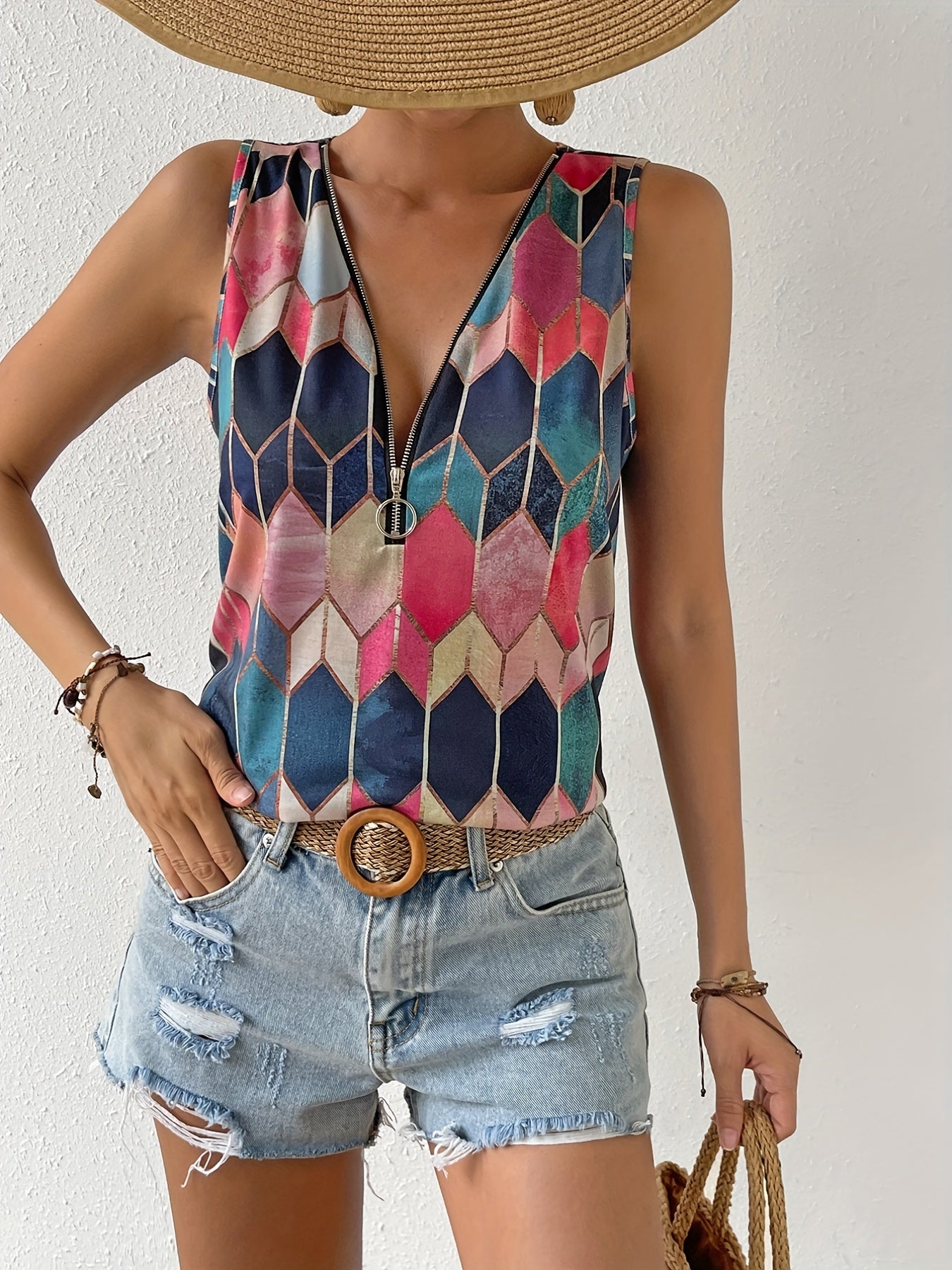 Gem Print Zip Up V Neck Tank Top Women's Clothing