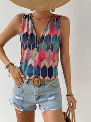 Gem Print Zip Up V Neck Tank Top Women's Clothing