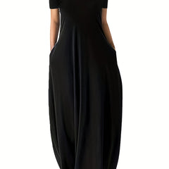 Solid Round Neck Loose Maxi Dress With Pocket Women's Plus