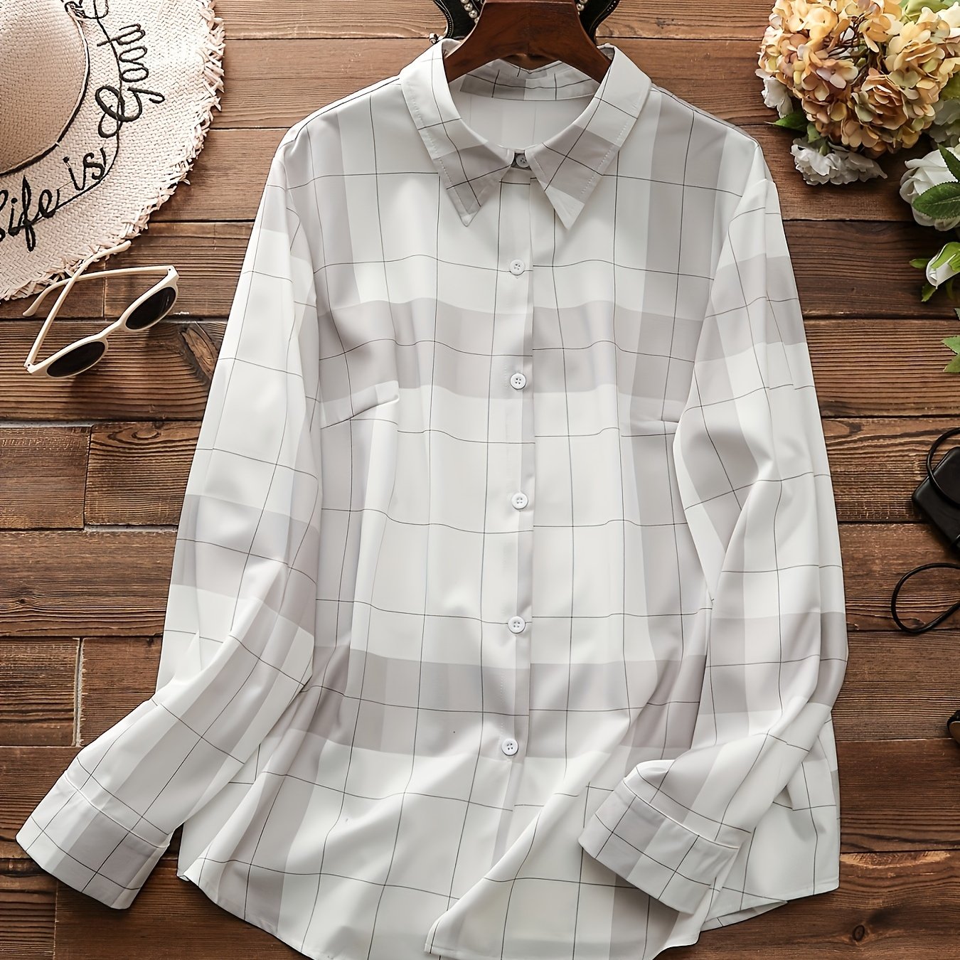 Plaid Print Button Up Long Sleeve Blouse