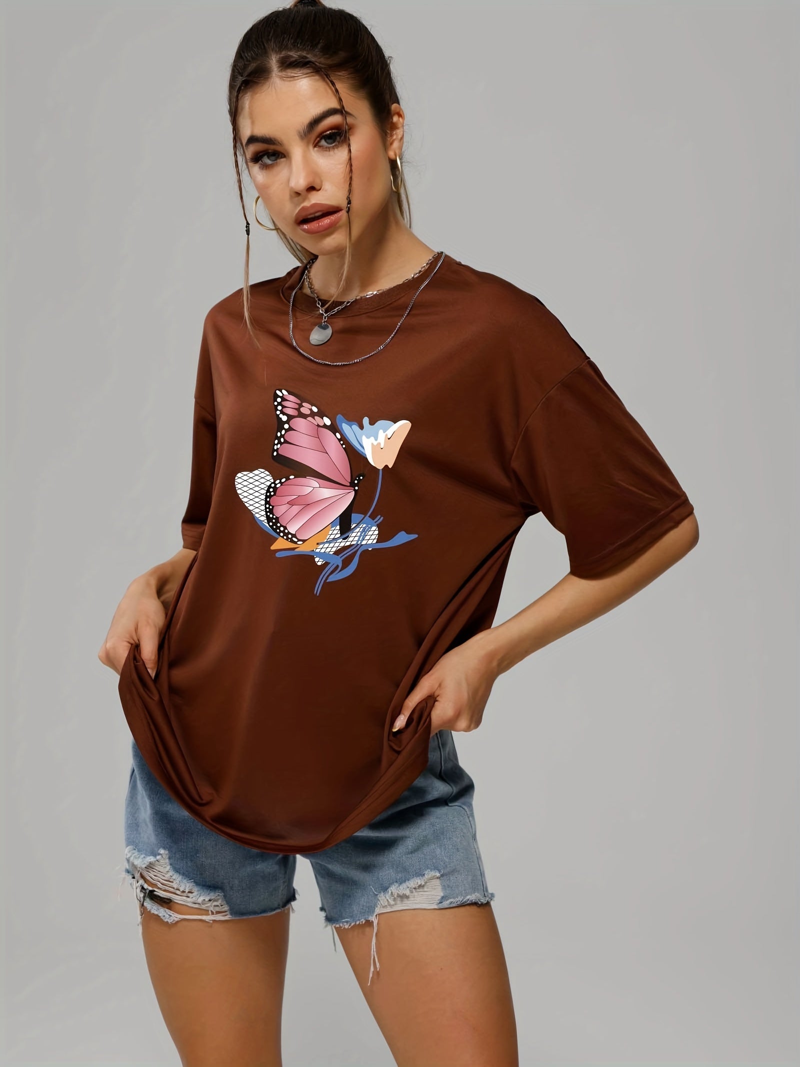 Butterfly & Flower Print Summer T-shirt for Women