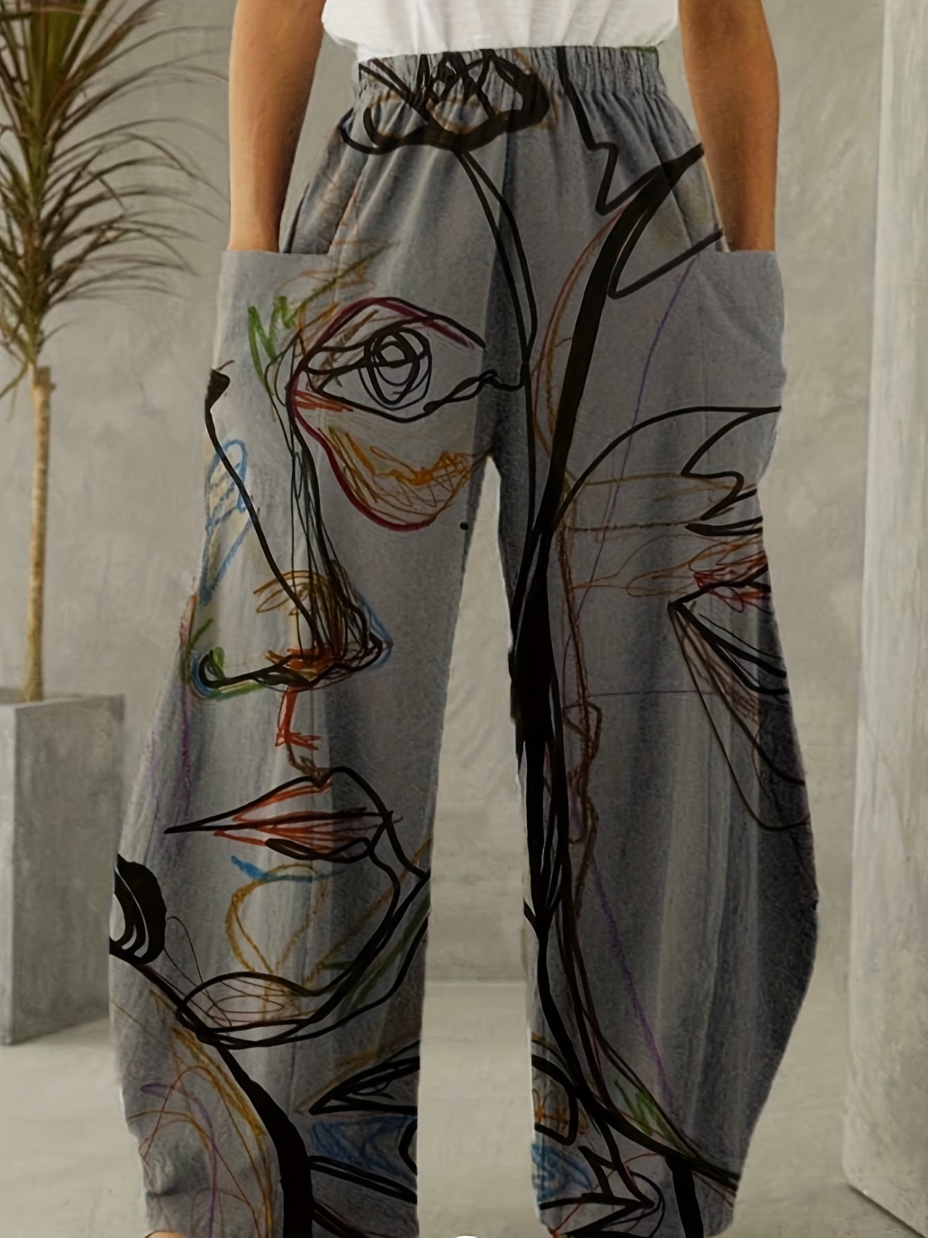 Graffiti Print Wide Leg Pants with Pockets