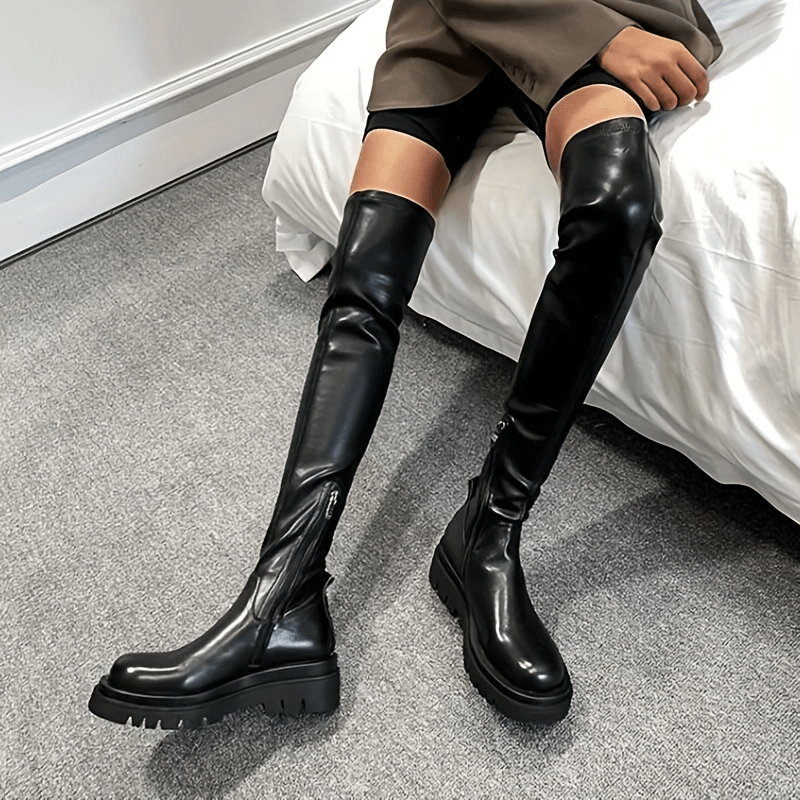 Women's Thigh High Boots Faux Leather Solid Side Zipper Platform Shoes