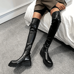 Women's Thigh High Boots Faux Leather Solid Side Zipper Platform Shoes