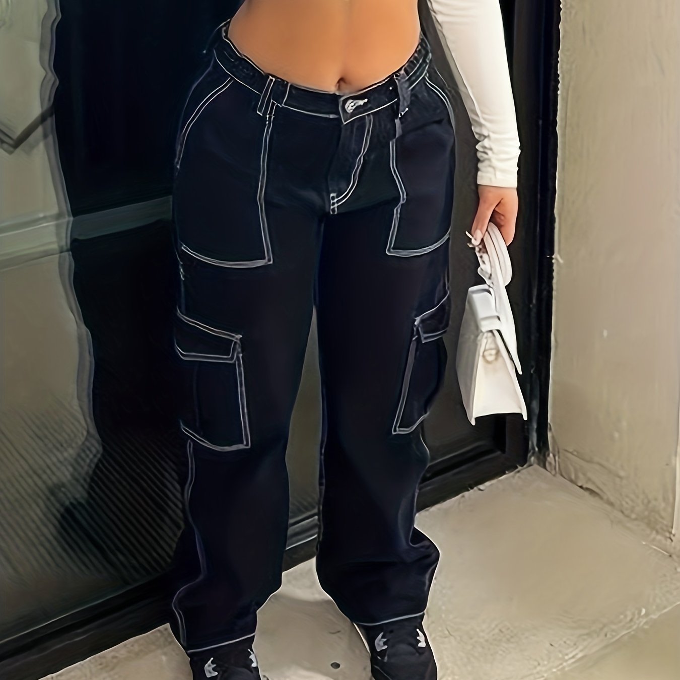 High Rise Cargo Denim Pants Straight Leg Jeans