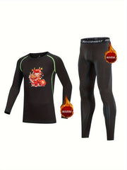 2pcs Kids Compression Fleece Sets Cartoon Pattern Pullover Elastic Waist Pants