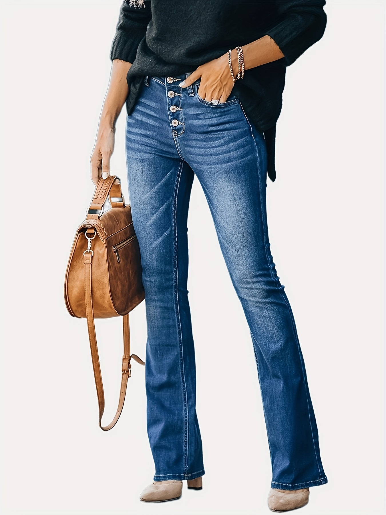 Embossed Button Bell Bottom Jeans Slim Fitting Bootcut Pants