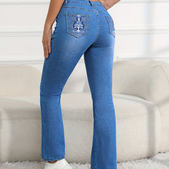 Embroidered Denim Jeans Slash Pockets High Stretch