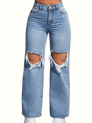 Women's Plus Solid Ripped High Rise Wide Leg Jeans