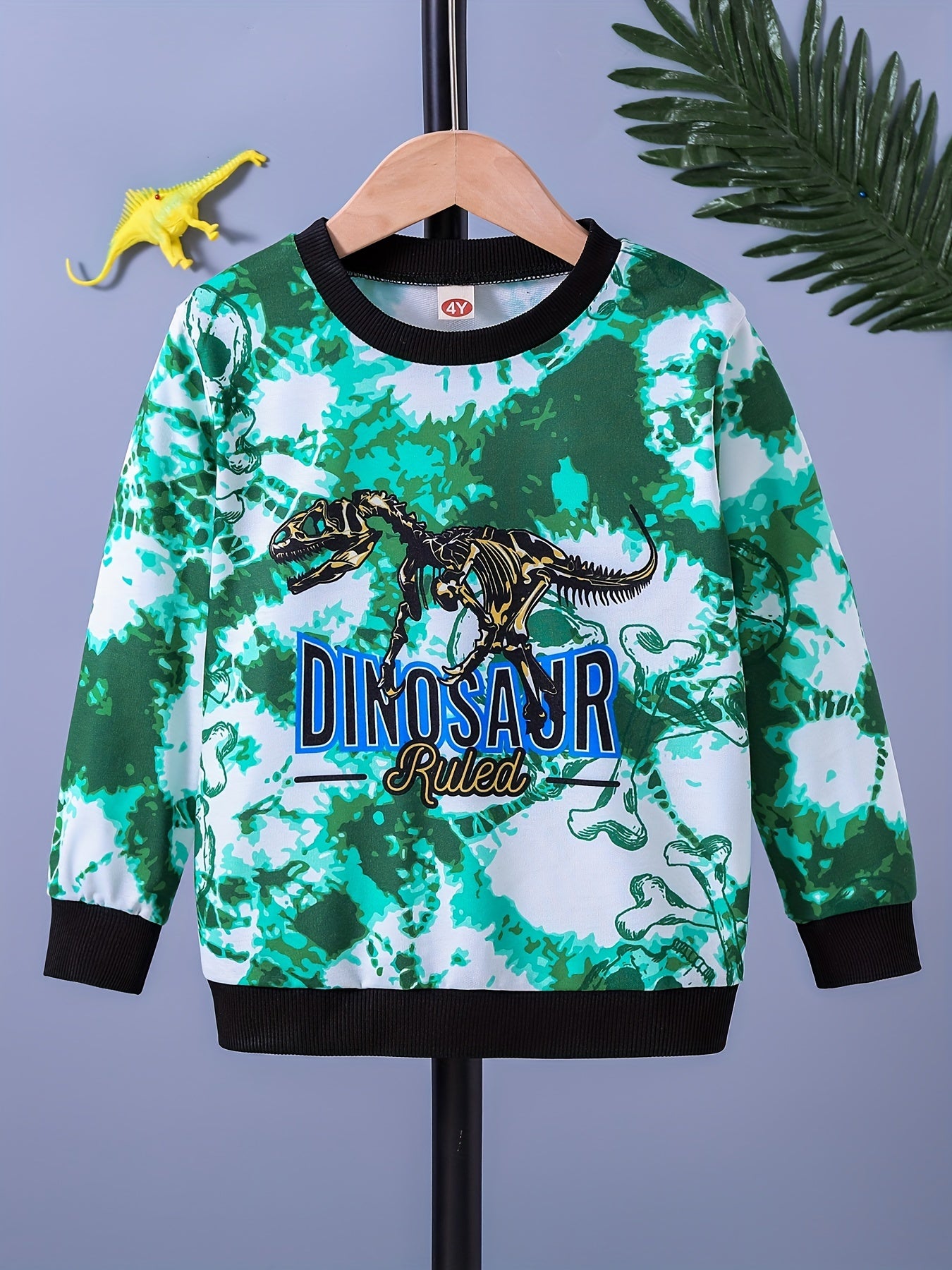 Boys Tie Dye Dinosaur Print Sweatshirt Crew Neck Top