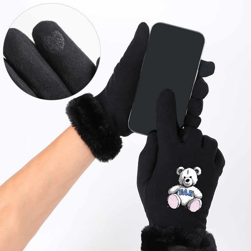 Women's Bear Pattern Print Gloves for Autumn and Winter