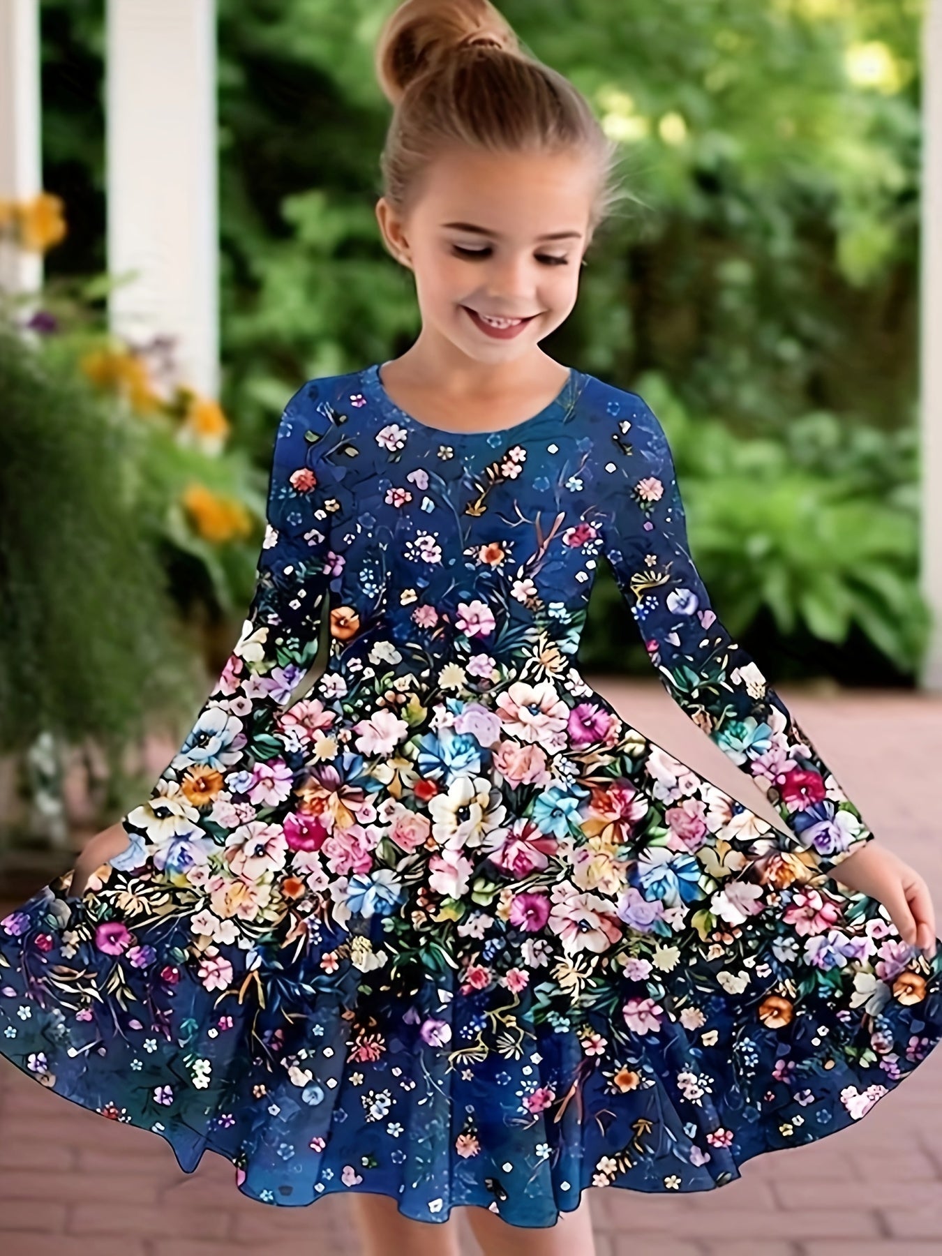 Casual Flower Print Long Sleeve Dress For Spring Fall Party