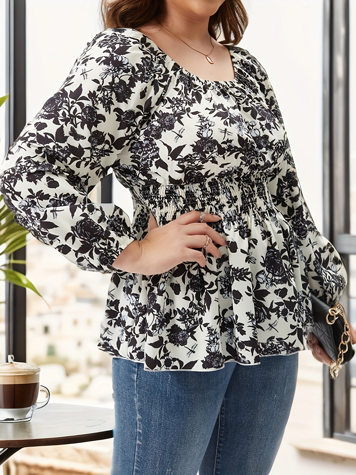 Floral Lantern Sleeve Peplum Top Square Neck Plus Size