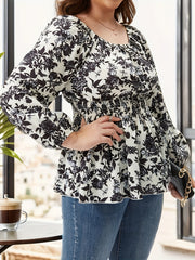 Floral Lantern Sleeve Peplum Top Square Neck Plus Size