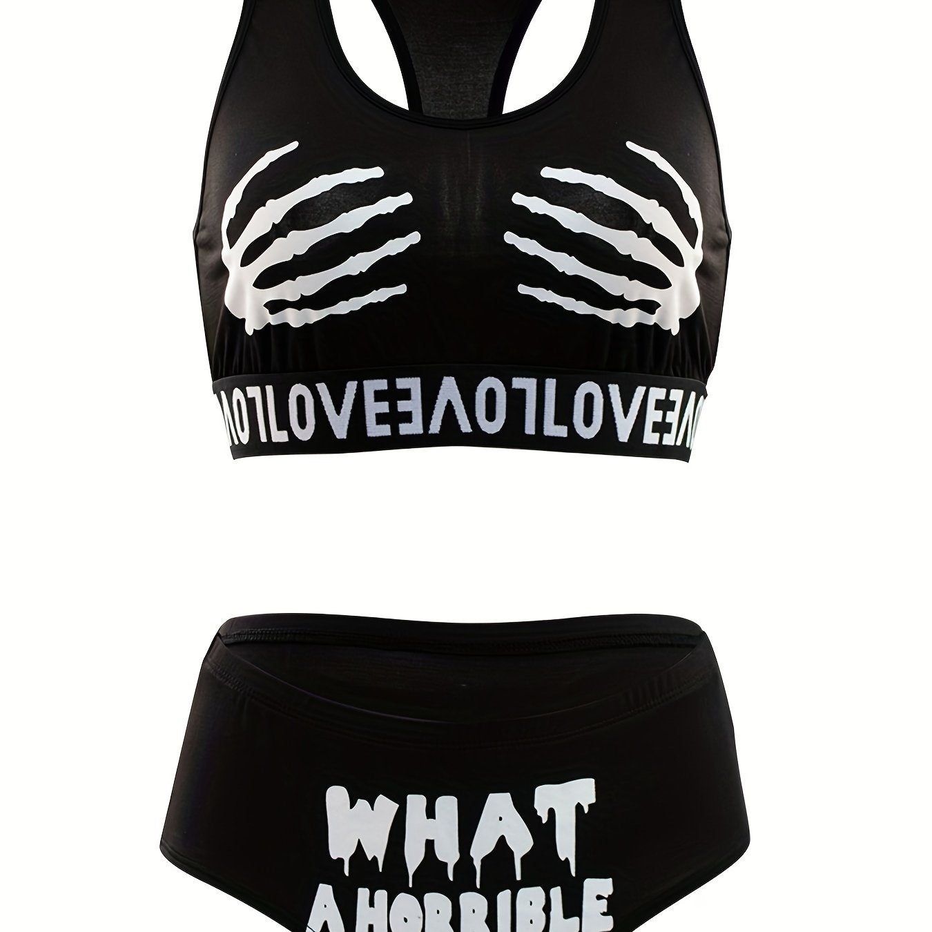Skull Print Bra & Panties Set Halloween Lingerie Women's Underwear