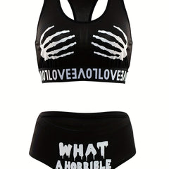 Skull Print Bra & Panties Set Halloween Lingerie Women's Underwear