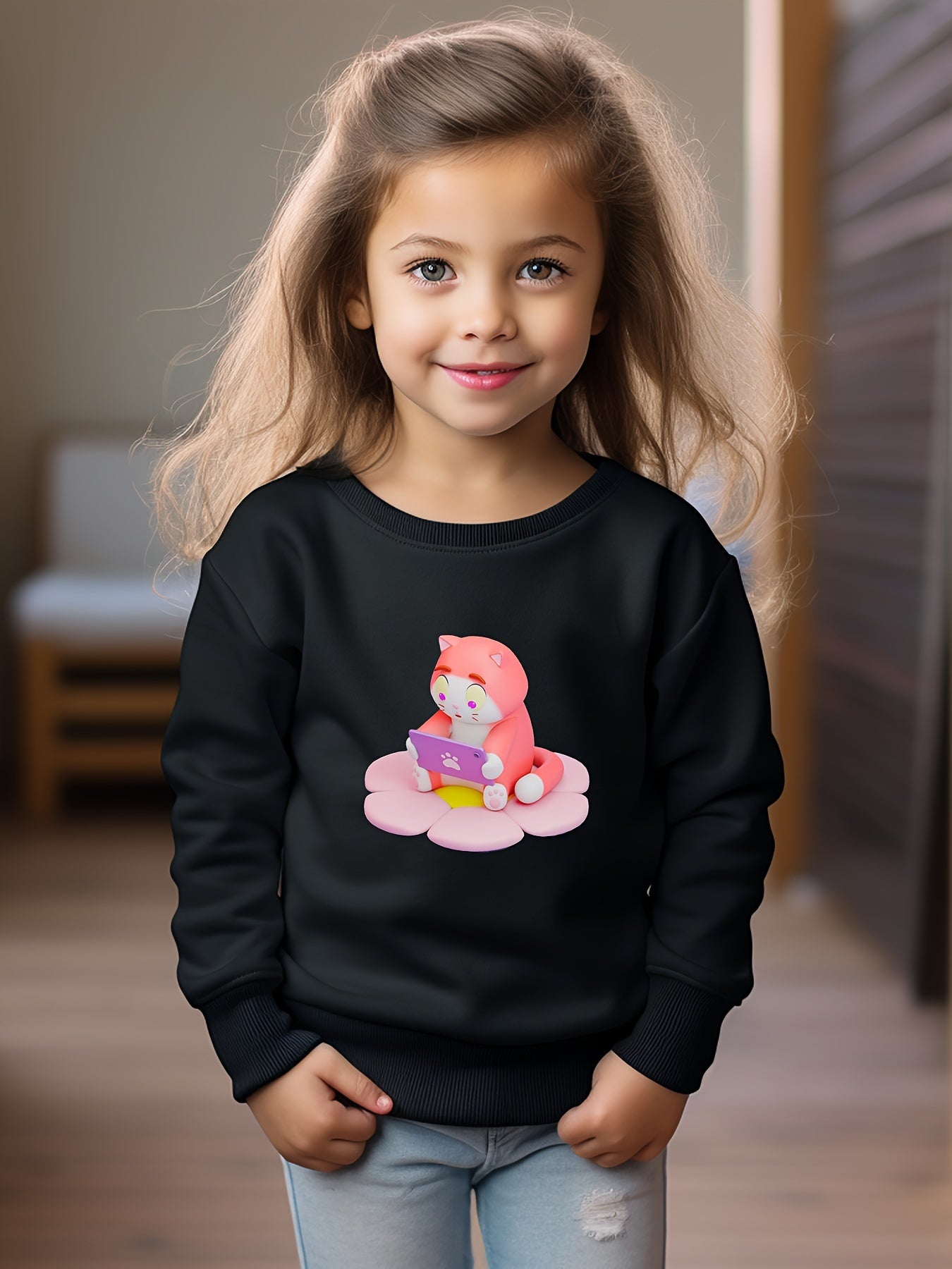 Cartoon Cat Print Girls Pullover Sweatshirt Long Sleeve Crew Neck Tops