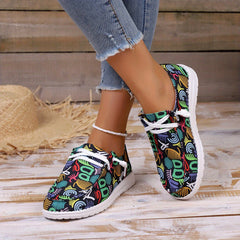 Women's Graffiti Canvas Lace-Up Sneakers Low Top Flat Shoes