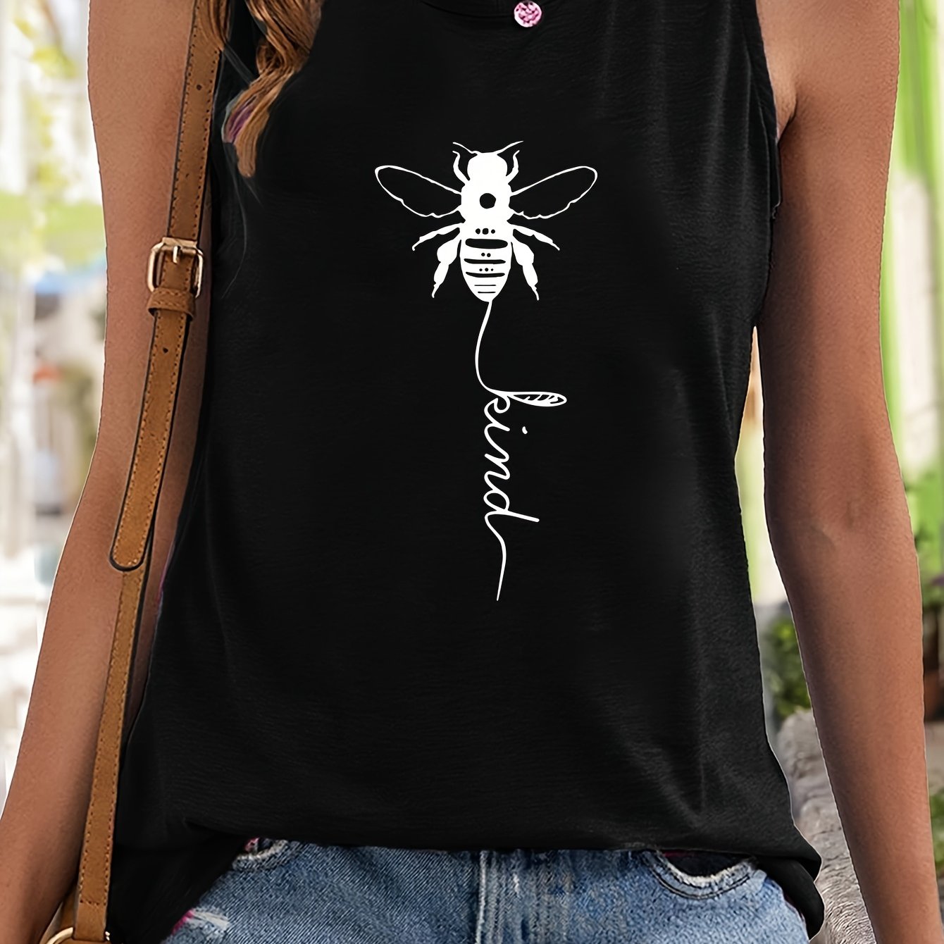 Bee Print Sleeveless Sports Vest Round Neck Stretchy Casual Tops