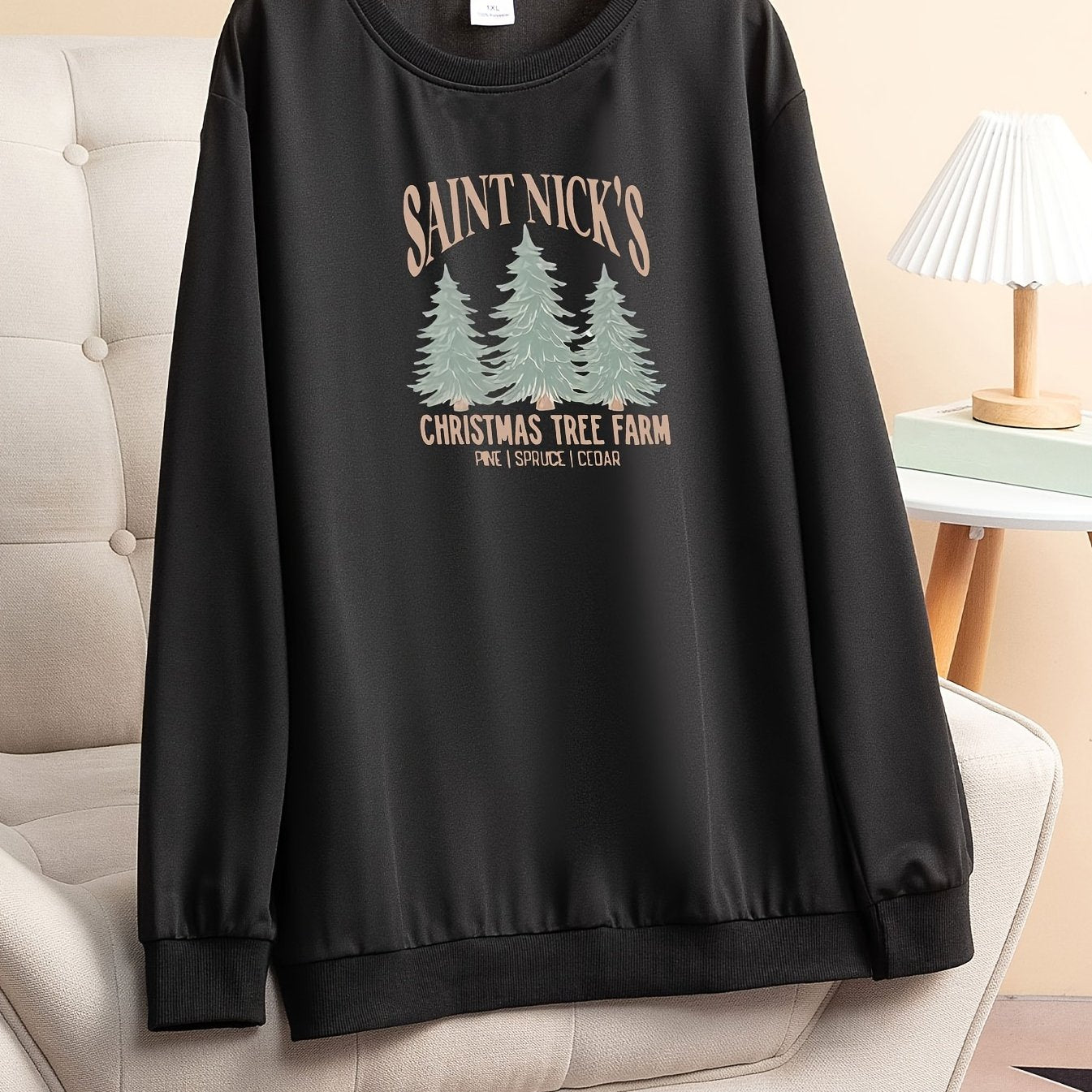 Christmas Tree & Letter Print Long Sleeve Round Neck Lounge Top