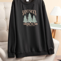 Christmas Tree & Letter Print Long Sleeve Round Neck Lounge Top
