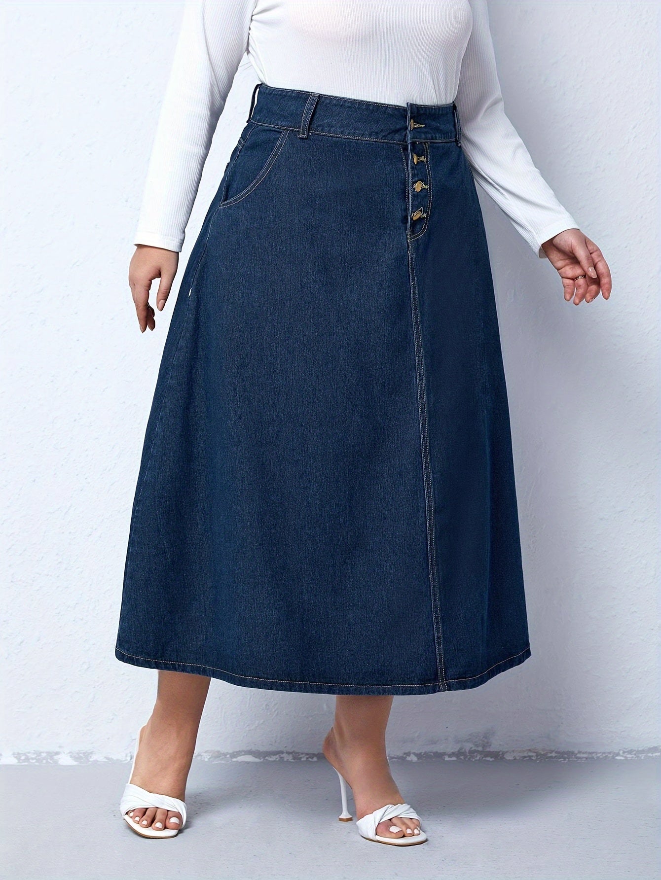 Preppy Denim Skirt High Rise Loose Fit With Pockets