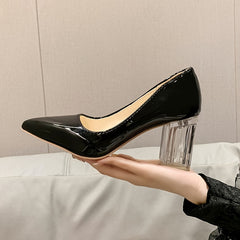 Women's Clear Chunky High Heels Patent Leather Shoes