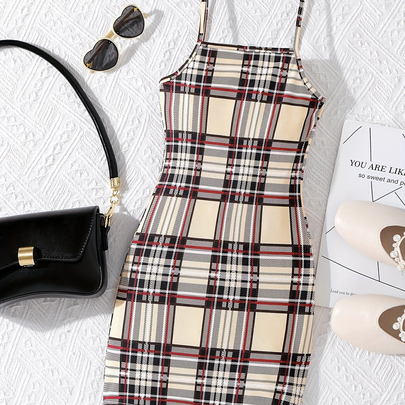Plaid Print Square Neck Spaghetti Strap Bodycon Dress