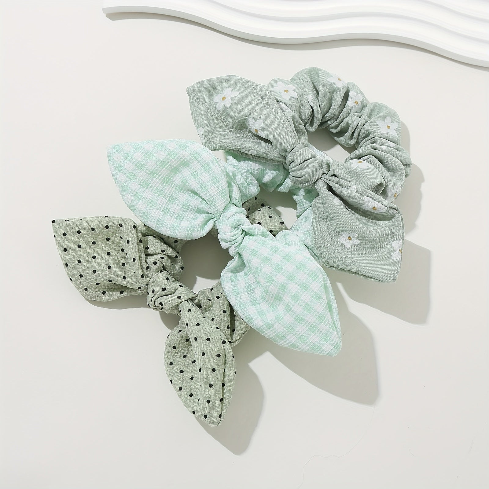 3PCS Sweet Pastoral Hair Tie Polka Dot Plaid Tie Knot Hair Rope Headband