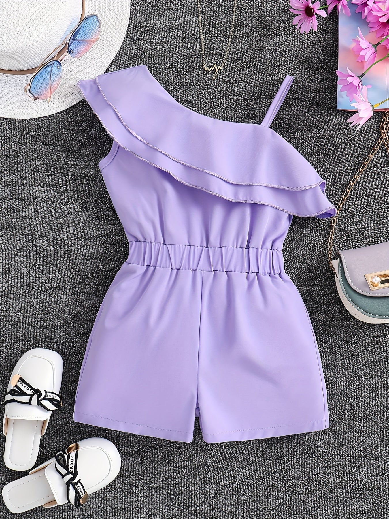 Girls One Shoulder Ruffles Romper Kids Summer Jumpsuit