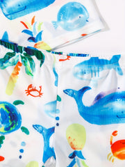 Boys Cartoon Whale Crab Sea Turtle Print Swimwear Set