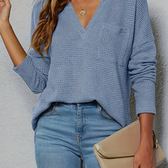 Casual Knit Top Women's Plus Solid Waffle Pattern Long Sleeve