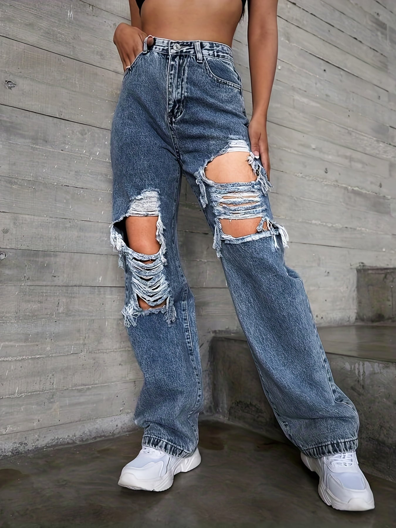 Baggy Denim Pants Ripped Holes Straight Cut