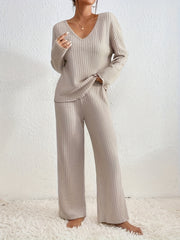 Solid Long Sleeve Lounge Set V-Neck Ribbed Knit Top & Pants Pajama Set