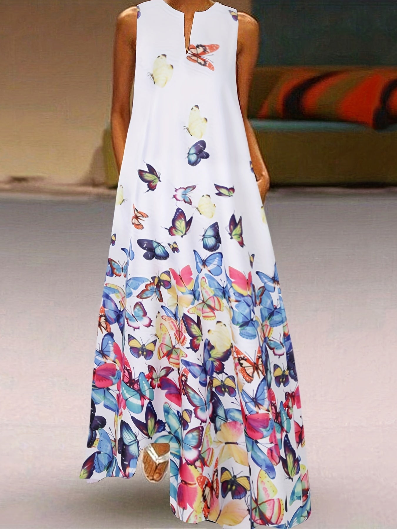Butterfly Print V Neck Dress Sleeveless Casual Dress