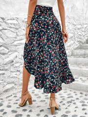 Floral Split Thigh Ruffle Trim Skirt High Waist Women's Clothing