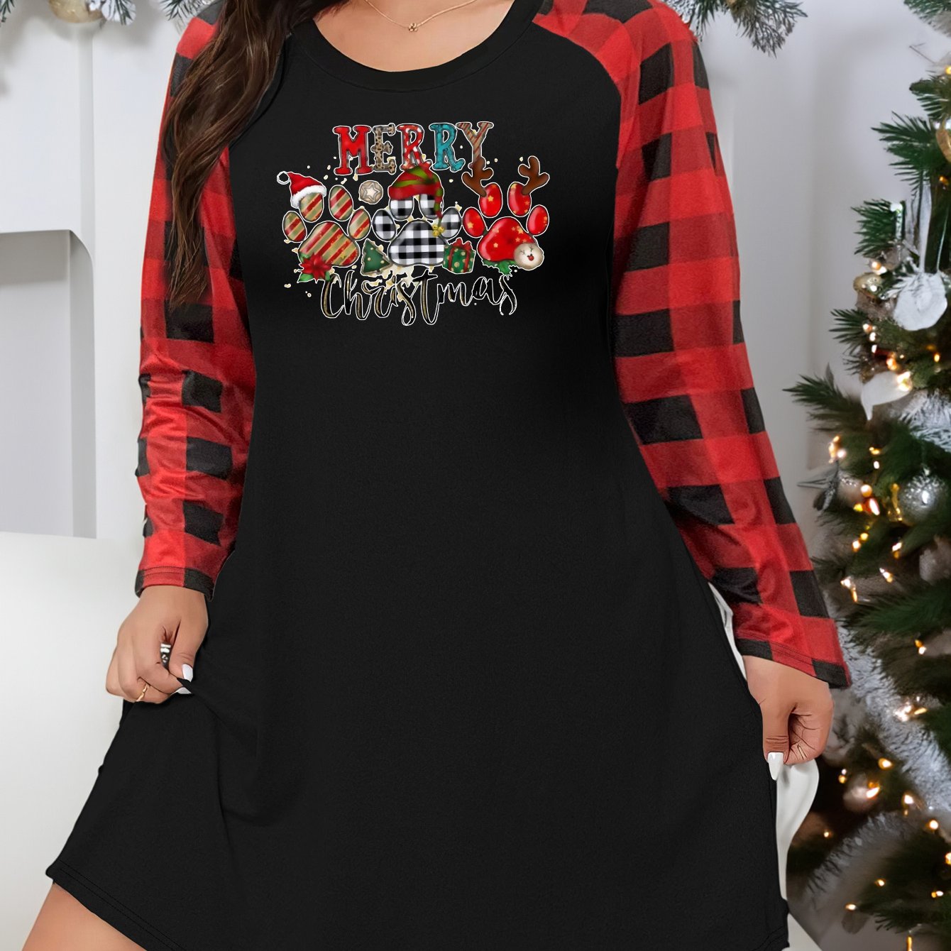 Plus Size Christmas Lounge Dress Women's Plus Christmas Dog Paw Graphic