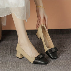 Bowknot Mid Heels Square Toe Slip-On Chunky Heels Dress Shoes