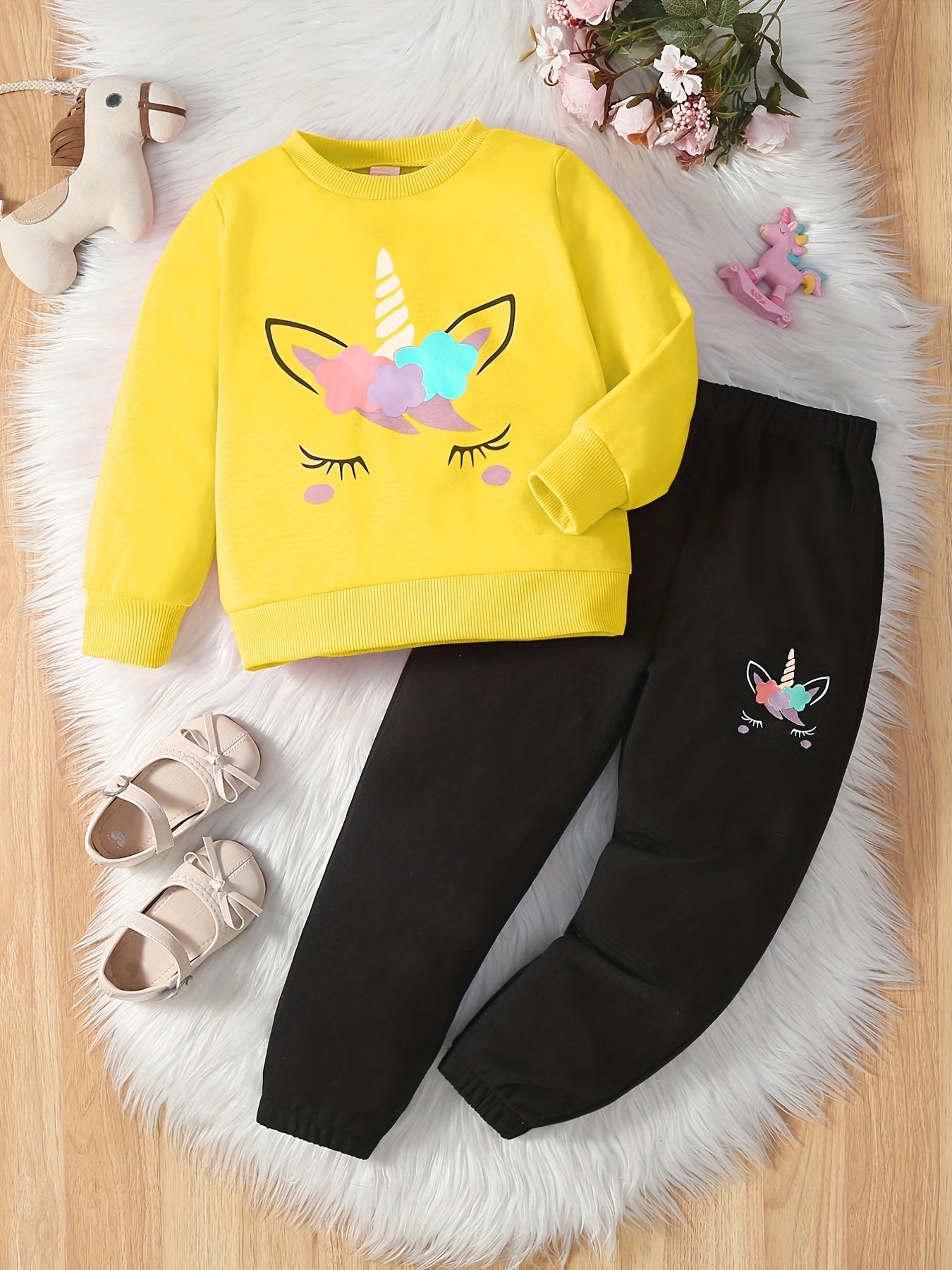 Cartoon Unicorn Print 2pc Sweatshirt & Sweatpants Set for Girls