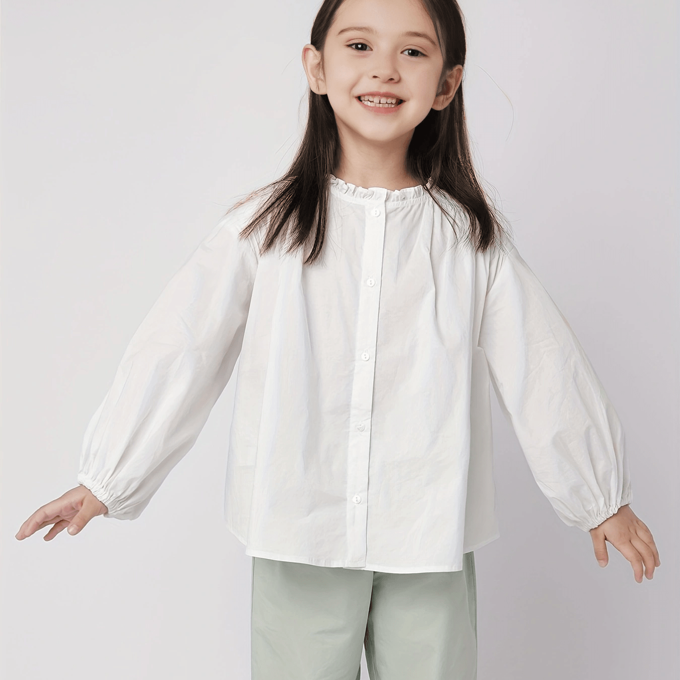 Girls Frill Collar Cotton Long Sleeve Shirt Button Down Blouse Shirt