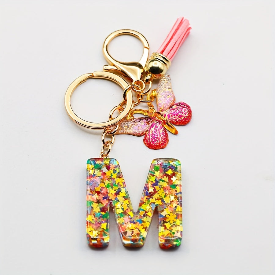 Initial Letter Keychain Resin Butterfly Pendant Tassel Backpack Ornament