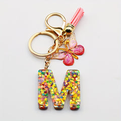 Initial Letter Keychain Resin Butterfly Pendant Tassel Backpack Ornament