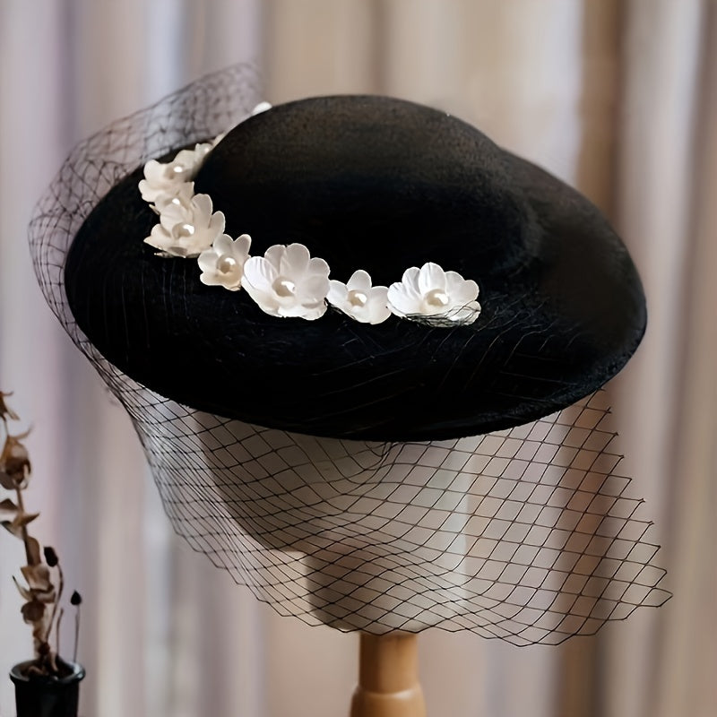 Vintage Fedora Cap French Veil Flower Hat Bridal Headwear