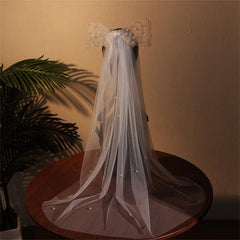 Sheer Long Wedding Veil with Bow & Comb Bridal Veil with Beads