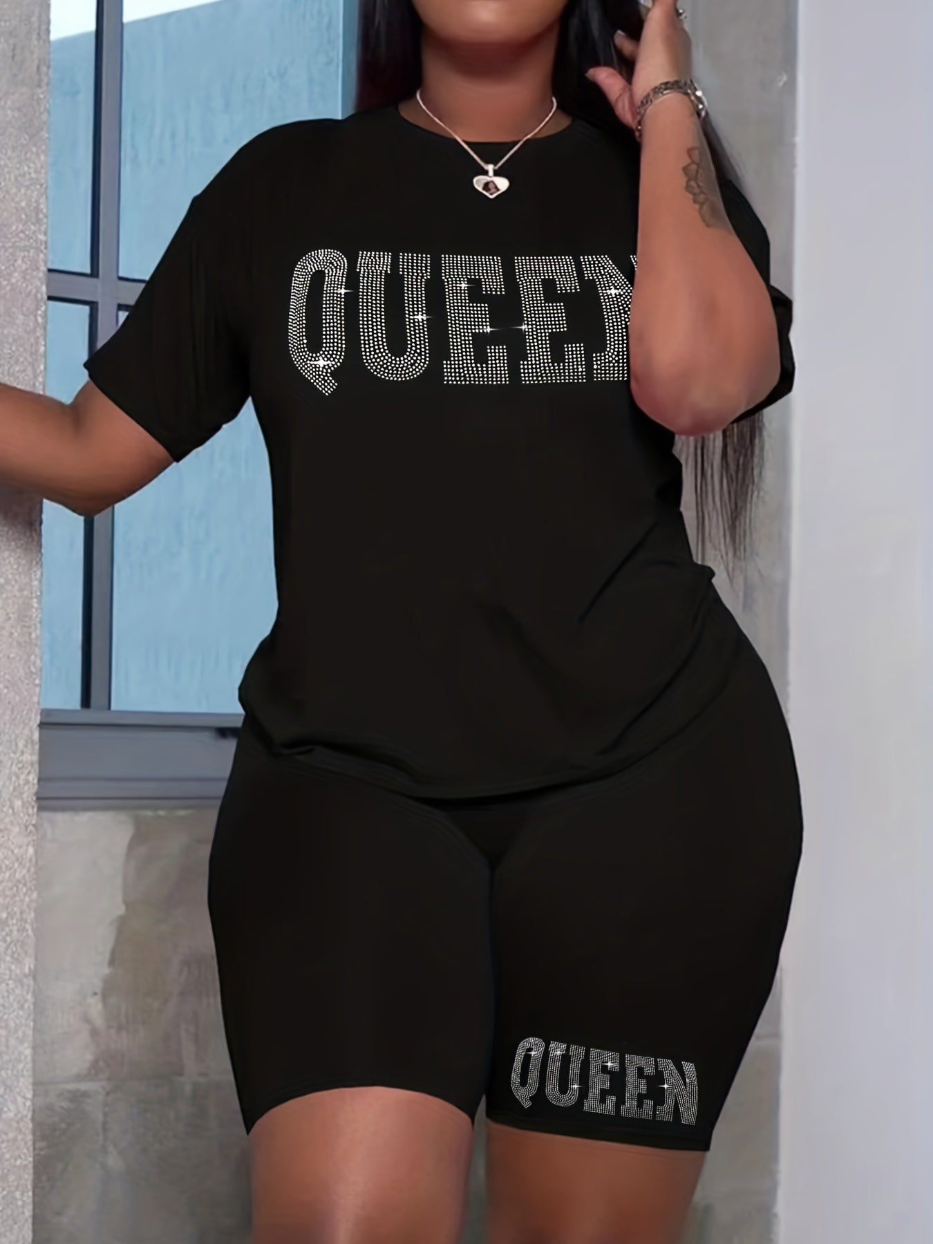 Rhinestone Queen 2Pc Set Crew Neck T-shirt & Shorts Women's Outfits
