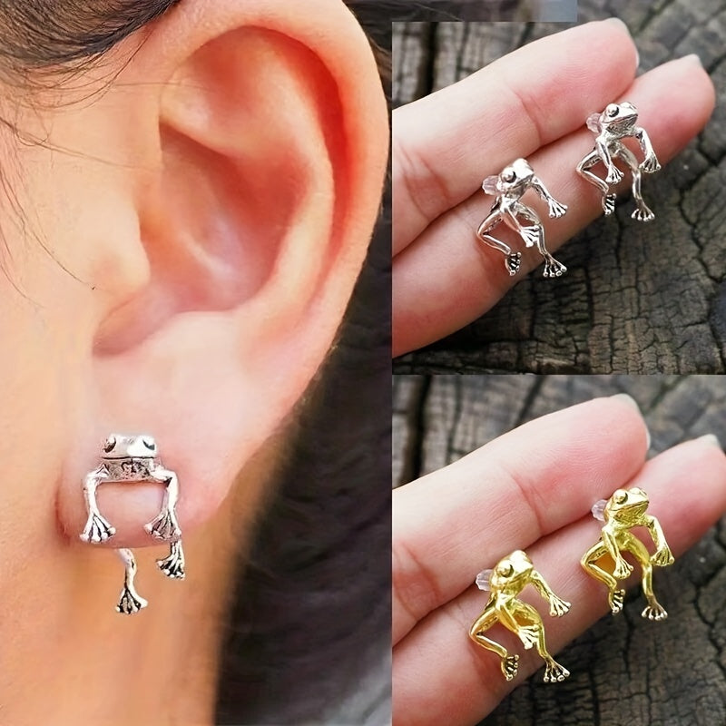 2 Vintage Silvery Frog Stud Earrings for Girls